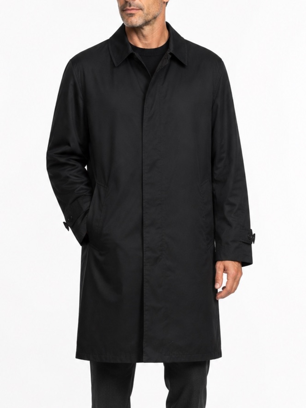 Vintage 60s Koratron Men’s Black Raincoat Overcoat Hidden Button Size 38L
